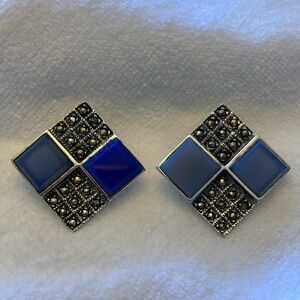 Vintage  Marcasite and Blue  Chalcedony Sterling Earrings
